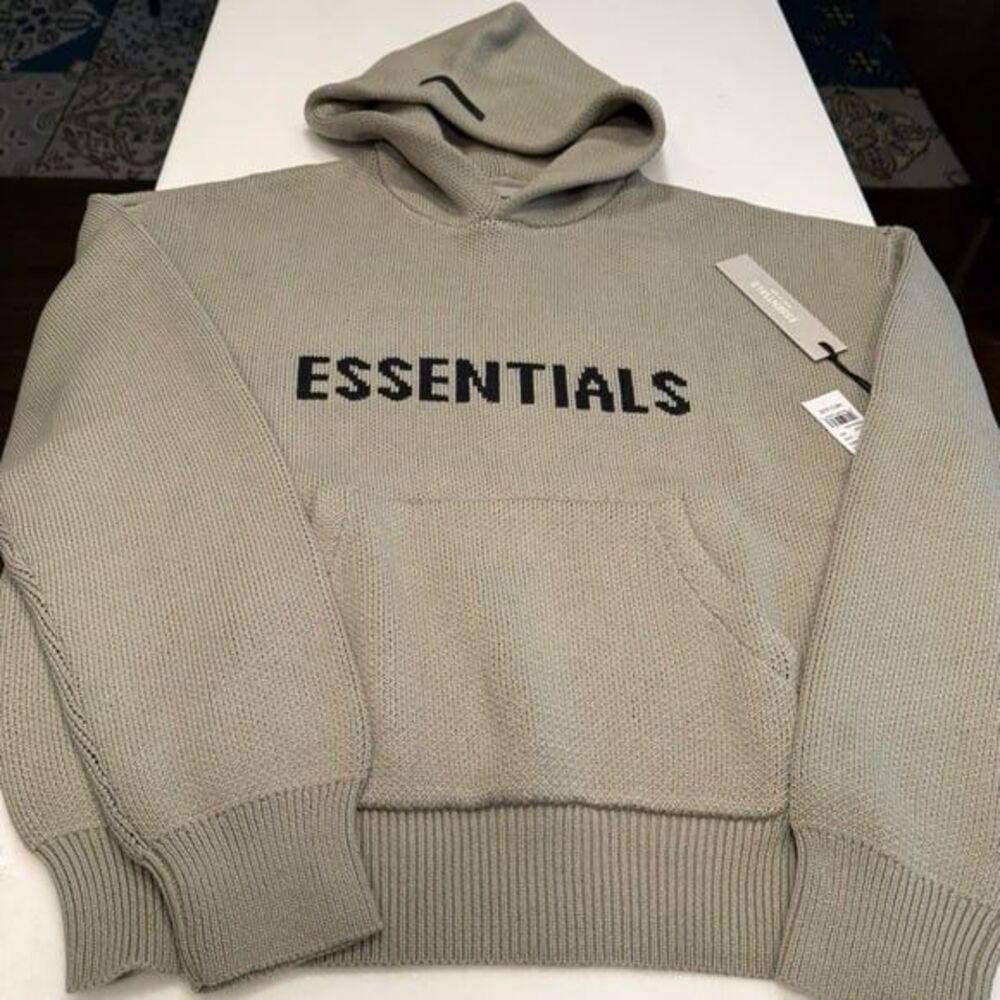 Fear of God Essentials Knit Hoodie in Taupe with Black Logo